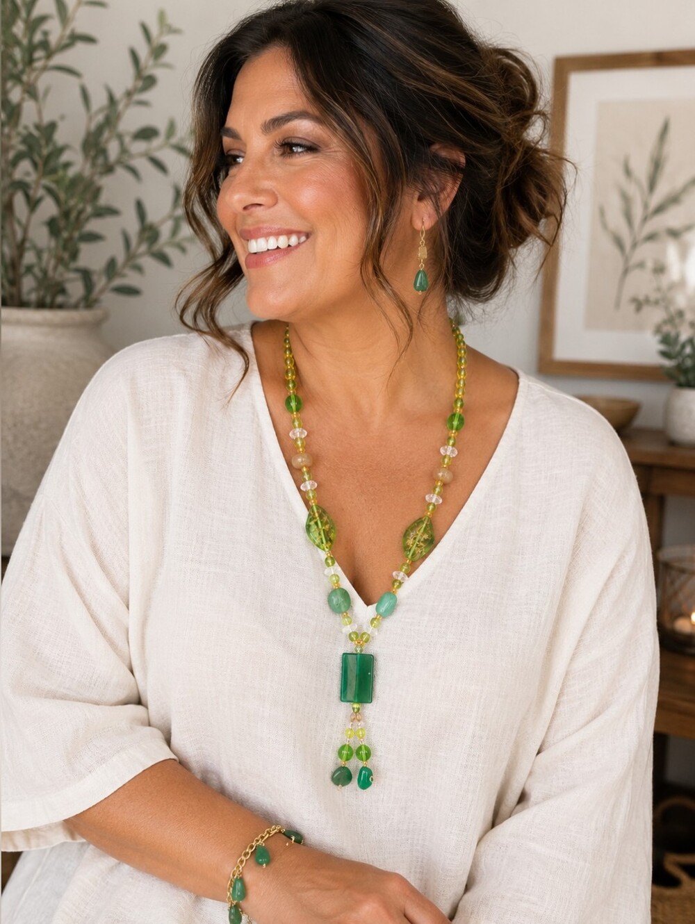 Green Artisan Beaded Statement Necklace Set with 7" Charm Bracelet